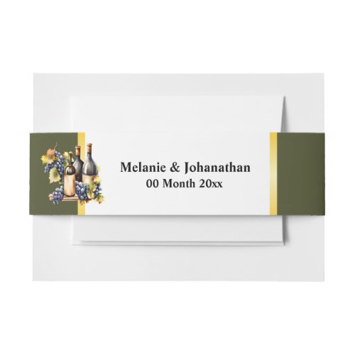 Watercolor wine bottles country green gold invitation belly band