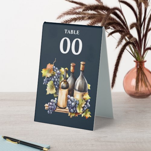 Watercolor wine bottles fall country grapes chic table tent sign