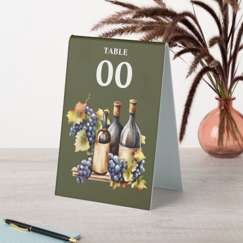 Watercolor wine bottles fall country grapes green table tent sign