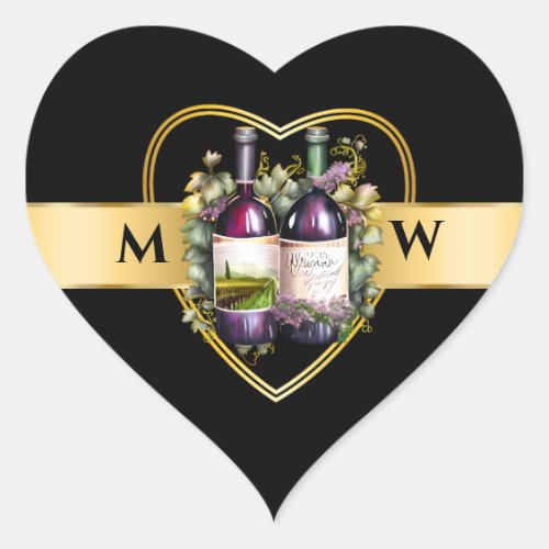 Watercolor wine bottles gold black monogram chic heart sticker
