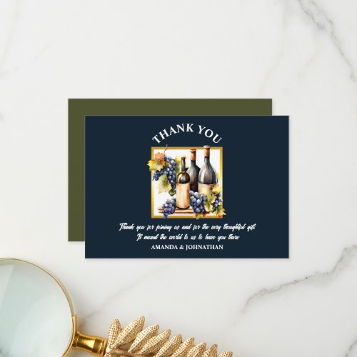 Watercolor wine bottles grapes blue gold green thank you card