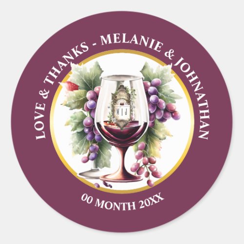 Watercolor wine bottles grapes burgundy winery classic round sticker