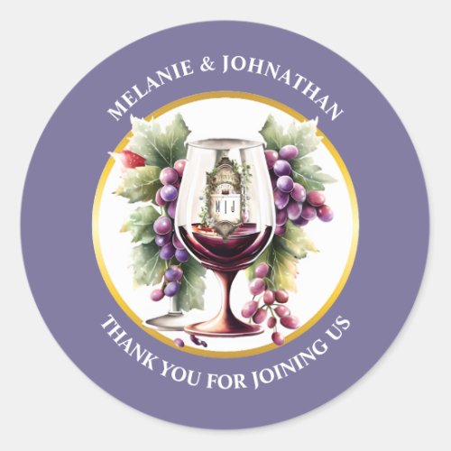 Watercolor wine bottles grapes elegant purple classic round sticker