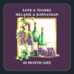 Watercolor wine bottles grapes lapis winery chic square sticker<br><div class="desc">Welcome to your beautiful wedding celebration! This generative content ai graphics features three realistic green colored red wine bottles that have bunches of red and black grapes around them framed by a white square edged with faux gold and deep lapis purple on which white text templates appear for your custom...</div>