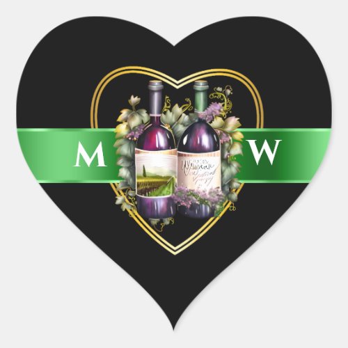 Watercolor wine bottles green black monogram chic heart sticker