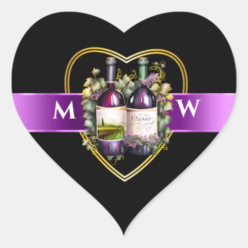 Watercolor wine bottles purple black monogram chic heart sticker