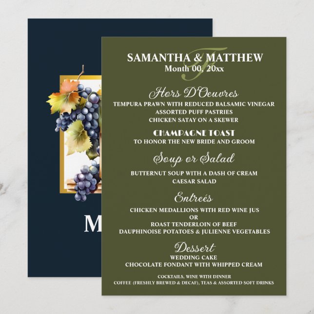 Watercolor wine bottles vineyard grapes menu (Front/Back)