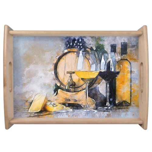 Watercolor Wine  Cheese Still Life Serving Tray
