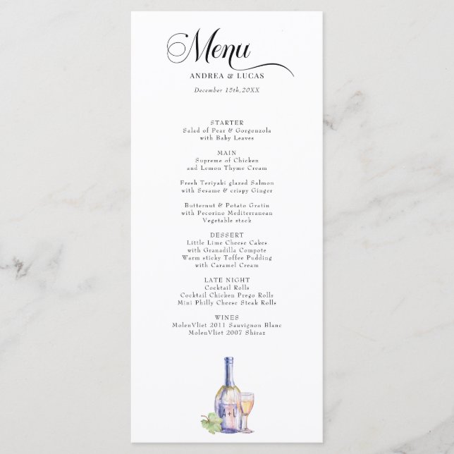 Watercolor Wine | Elegant Engagement Party Menu (Front)