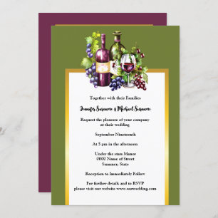 Watercolor wine glass bottles red green grapes invitation