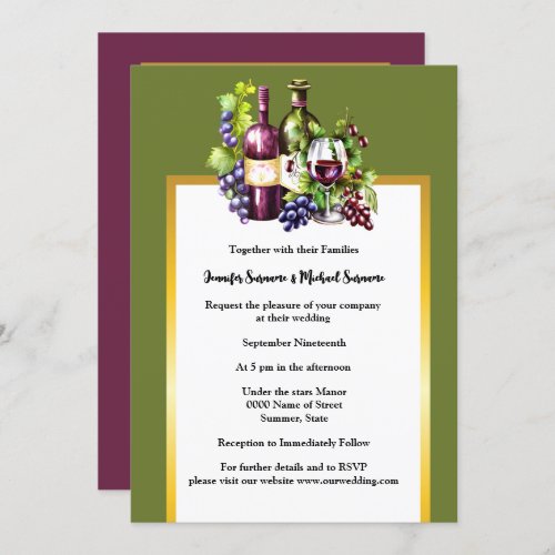Watercolor wine glass bottles red green grapes  invitation