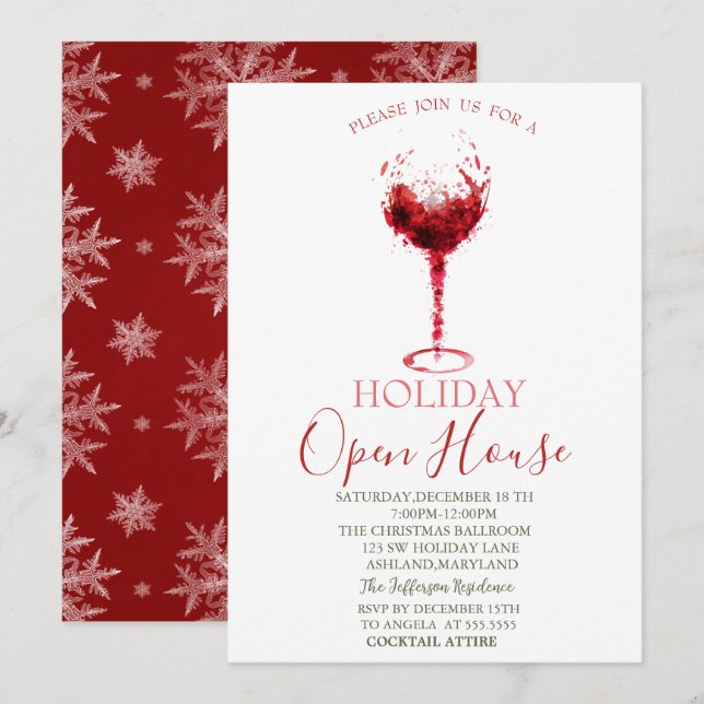 Watercolor Wine Glass Snowflakes Open House Invitation (Front/Back)