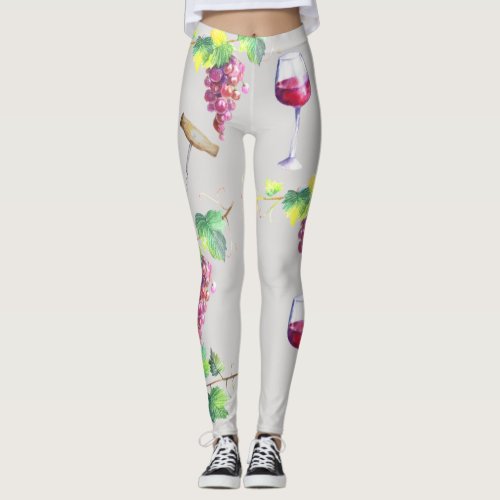 Watercolor Wine Glasses Corkscrew Grapes Vines Leggings