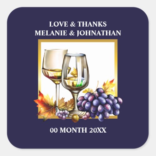 Watercolor wine glasses grapes blue plum gold farm square sticker