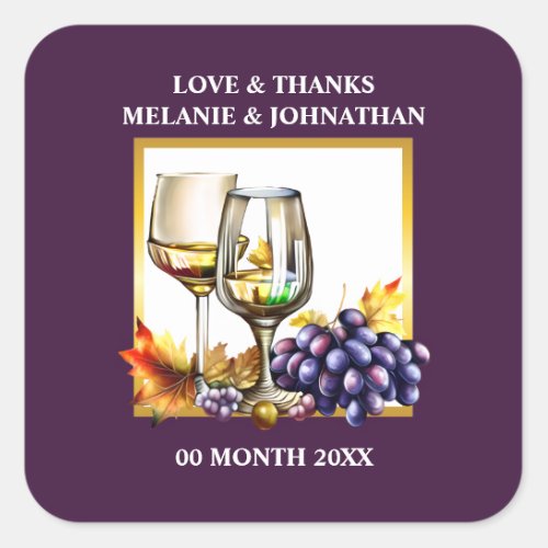 Watercolor wine glasses grapes burgundy gold farm square sticker