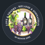 Watercolor wine grapes bottles glass round winery classic round sticker<br><div class="desc">Welcome to your beautiful wedding celebration! This generative content ai graphics features a realistic wine glass filled with red wine which has a bottle of green and a bottle of red wine to its right. The wine bottles have ornate decorative vintage wine labels on them and bunches of burgundy red...</div>