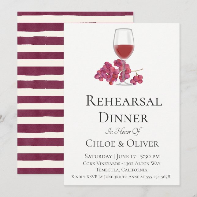 Watercolor Wine Rehearsal Dinner Invitation (Front/Back)