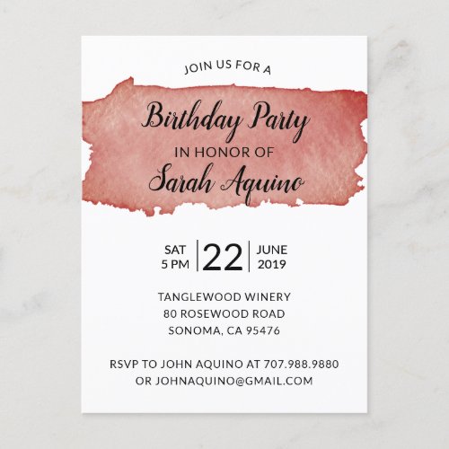 Watercolor Wine Stain Winery Birthday Party Announcement Postcard
