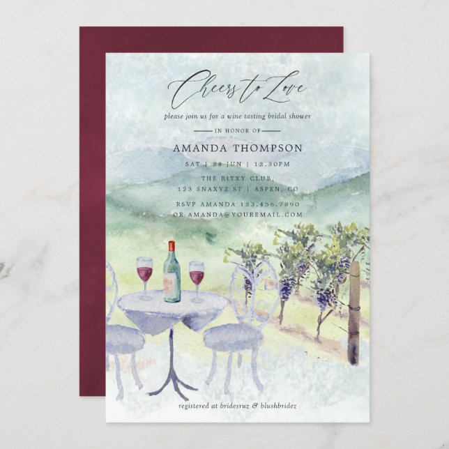 Watercolor Wine Tasting themed Bridal Shower Invitation (Front/Back)