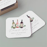 Watercolor Wine Trio | Botanical Cheers to Love Square Paper Coaster<br><div class="desc">These elegant wine tasting themed coasters are perfect for bridal showers, engagement parties, or rehearsal dinners hosted at a winery, tasting room or vineyard. Design features three bottles of wine (white, rose, and red) adorned with green watercolor eucalyptus leaves and foliage. "Cheers to Love" appears in chic calligraphy script lettering....</div>