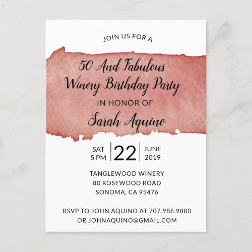 Watercolor Winery 50  Fabulous Birthday Party Invitation Postcard