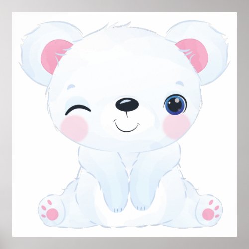 Watercolor Winking Baby Polar Bear Poster