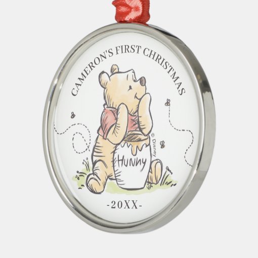 Watercolor Winnie the Pooh Baby's First Cristmas Metal Ornament Zazzle