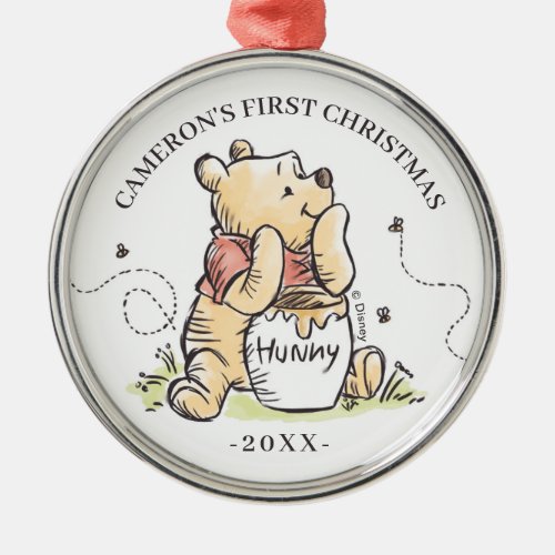 Watercolor Winnie the Pooh  Babys First Cristmas Metal Ornament