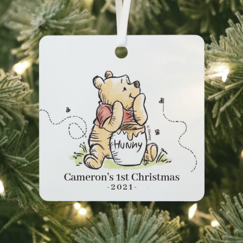 Watercolor Winnie the Pooh  Babys First Cristmas Metal Ornament