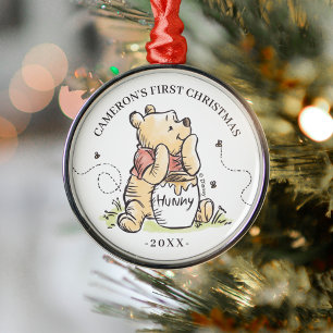 Watercolor Winnie the Pooh   Baby's First Cristmas Metal Ornament