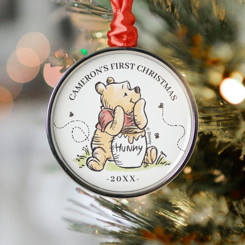 Watercolor Winnie the Pooh  Babys First Cristmas Metal Ornament