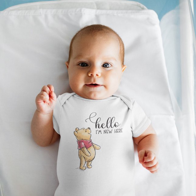 Watercolor Winnie the Pooh | Hello I'm New Here Baby Bodysuit (Baby wearing bodysuit)