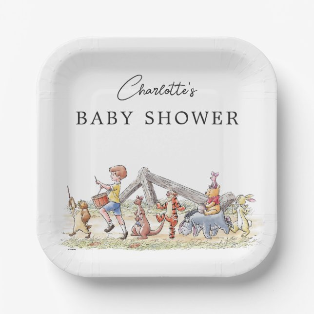 Watercolor Winnie the Pooh & Pals Baby Shower Paper Plates (Front)