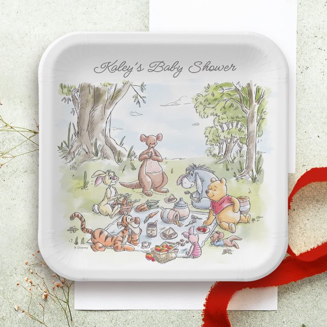 Watercolor Winnie the Pooh Picnic Baby Shower Paper Plates (Plate on table)