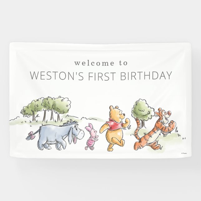Watercolor Winnie the Pooh Picnic First Birthday Banner (Horizontal)