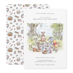 Watercolor Winnie the Pooh Picnic First Birthday Invitation