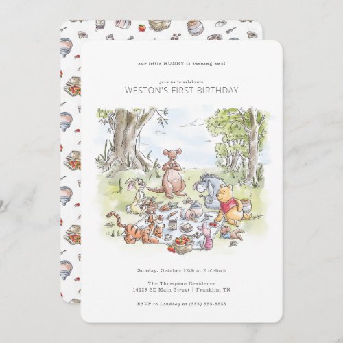 Watercolor Winnie the Pooh Picnic First Birthday Invitation