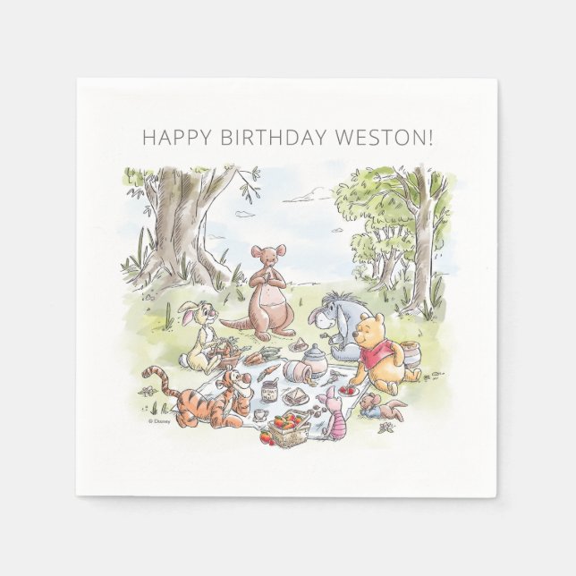 Watercolor Winnie the Pooh Picnic First Birthday Napkins (Front)