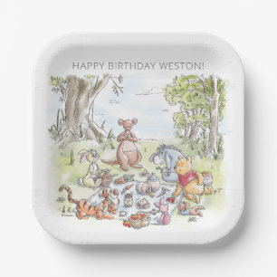 Watercolor Winnie the Pooh Picnic First Birthday Paper Plates