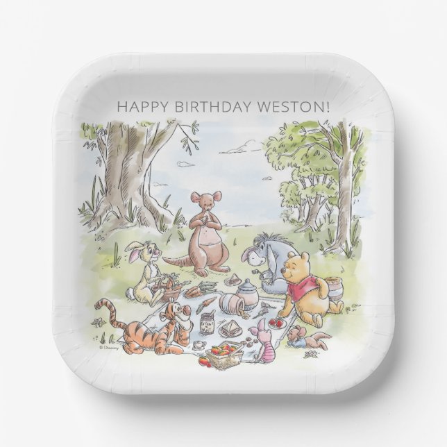 Watercolor Winnie the Pooh Picnic First Birthday Paper Plates (Front)