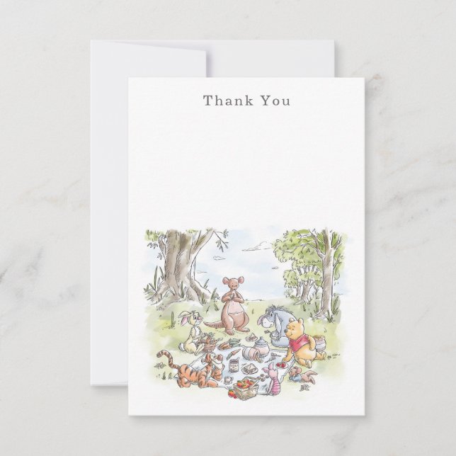 Watercolor Winnie the Pooh Picnic First Birthday Thank You Card (Front)