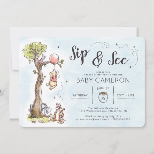 Watercolor Winnie the Pooh  Sip and See Invitation