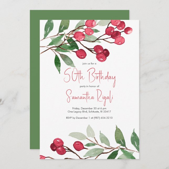 Watercolor Winter 50th Birthday Invitations (Front/Back)