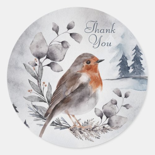 Watercolor Winter American Robin Thank You Classic Round Sticker