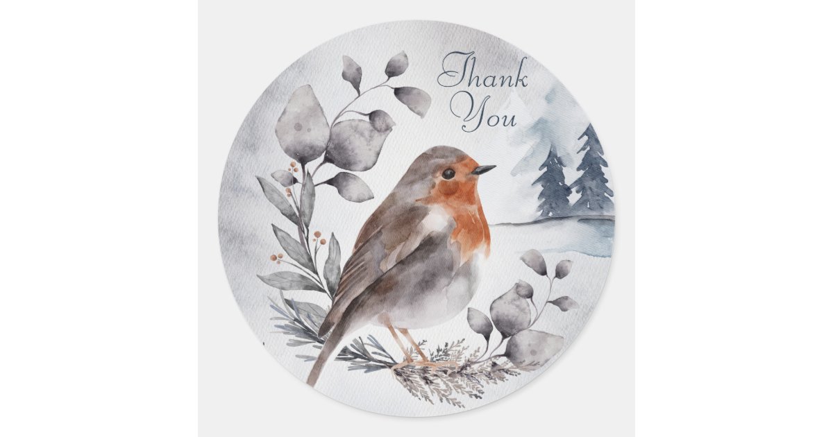 Watercolor Winter American Robin Thank You Classic Round Sticker | Zazzle