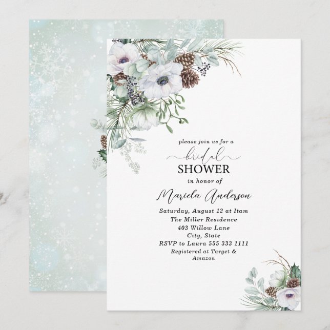  Watercolor Winter Anemones Flowers   Bridal Showe Invitation (Front/Back)