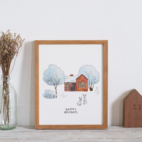 Watercolor Winter Animals and House Poster