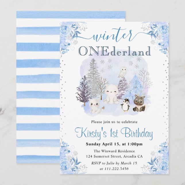 Watercolor Winter Arctic Animals 1st Birthday Invitation (Front/Back)