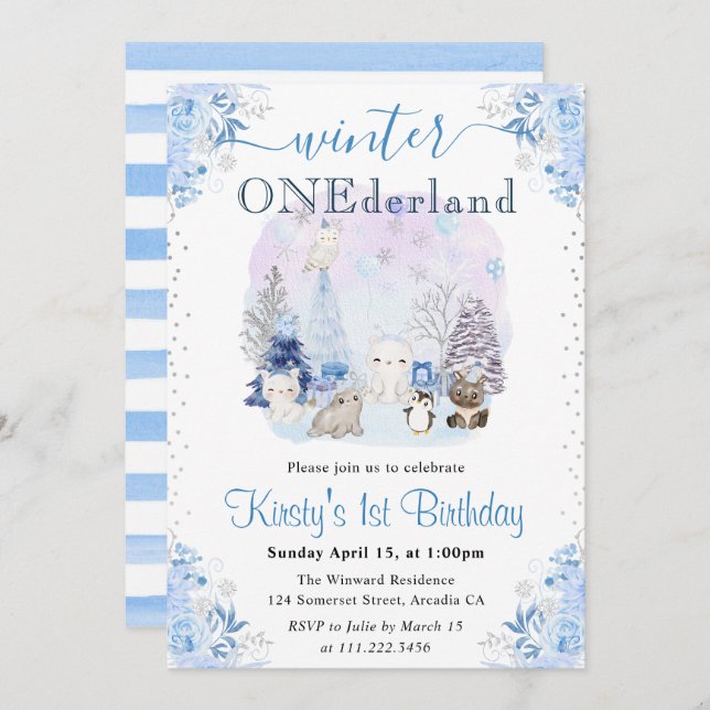 Watercolor Winter Arctic Animals 1st Birthday Invitation (Front/Back)
