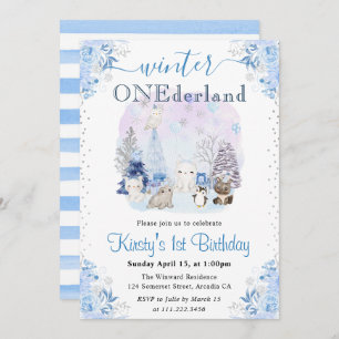 Watercolor Winter Arctic Animals 1st Birthday Invitation